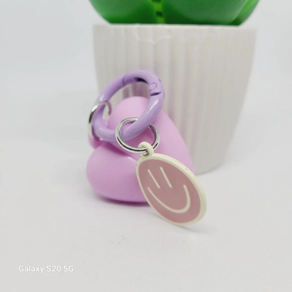 Lilac Heart Keychain w/ Smiley Face‎ Charm Clip On Cute Fun Accessory